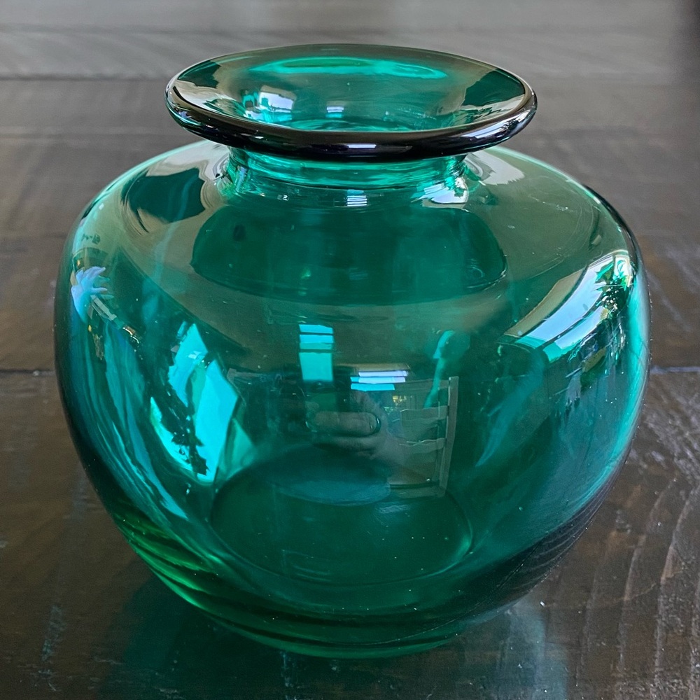 MCM teal blown glass vase with a wide rim.